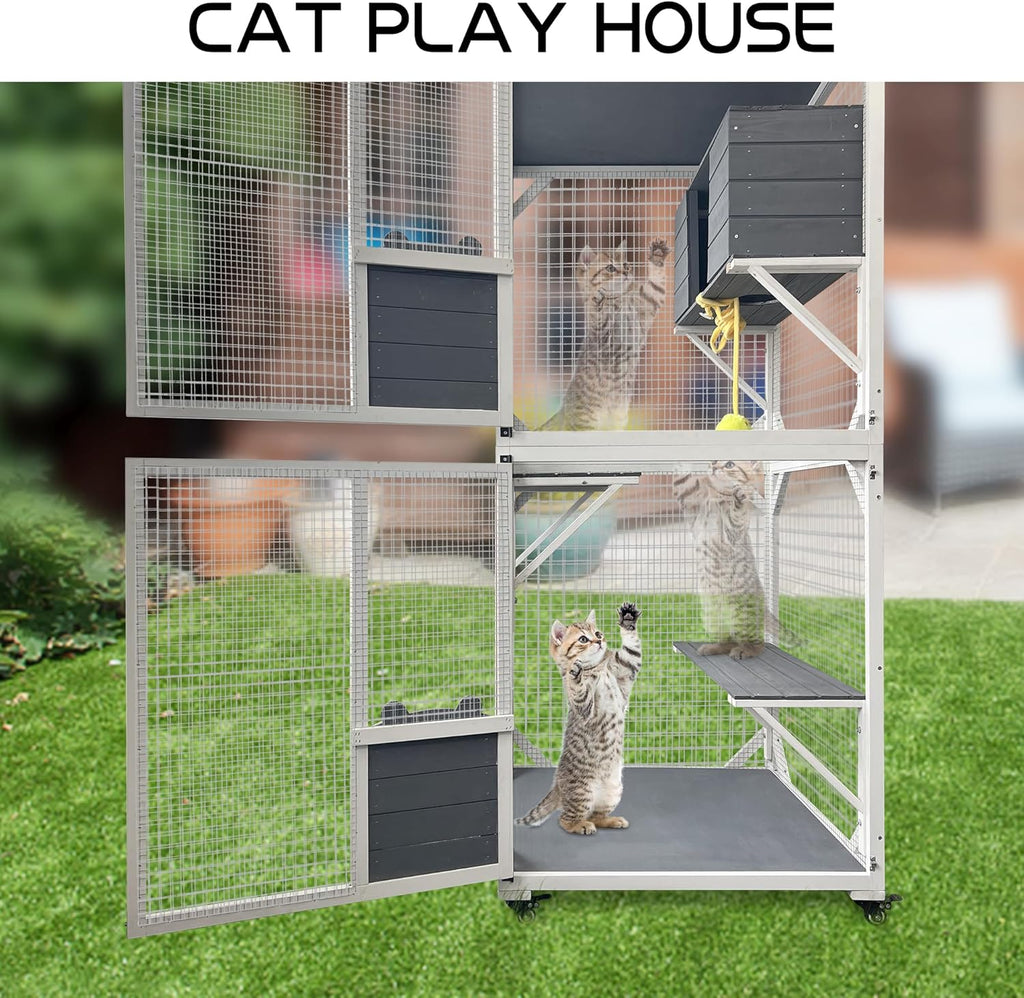 3-Tier Waterproof Cat Cage on Wheels with Windows & Doors R4035