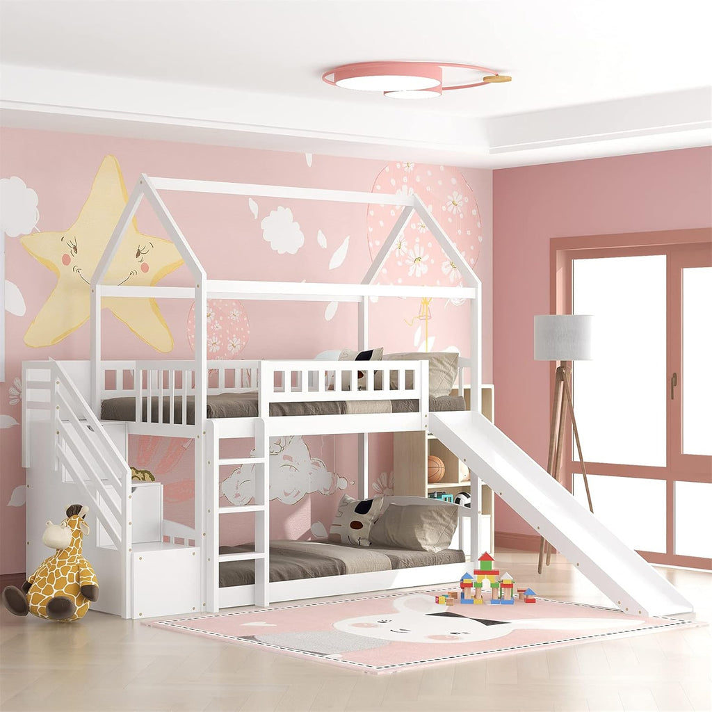 Twin Over Twin Wood Bunk Bed with Slide and Storage Staircase Q384