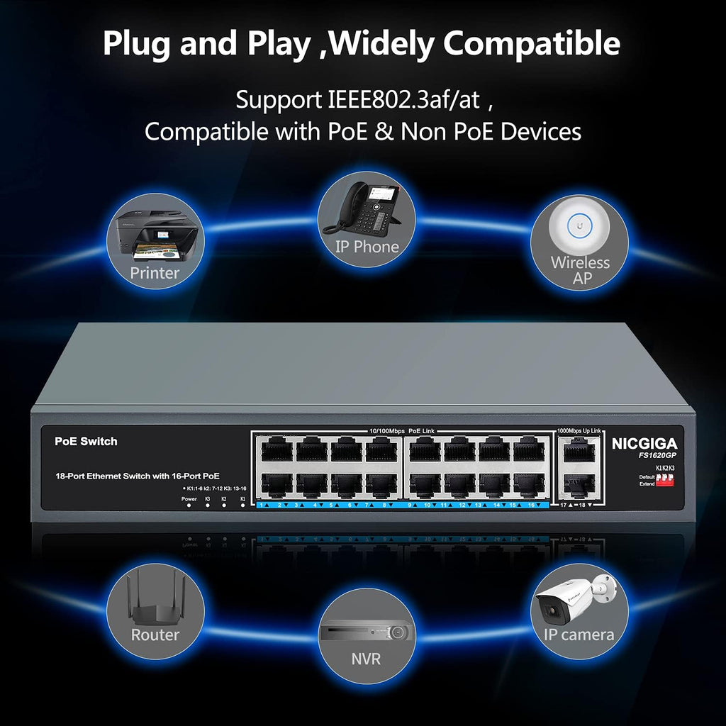 16 Port PoE Switch with 2 Gigabit Uplink I741725