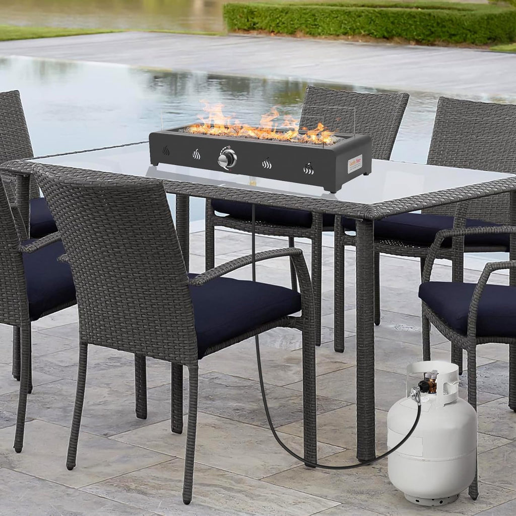 28 Inch Tabletop Gas Fire Pit with Glass Wind Guard and Lava Rock D2745