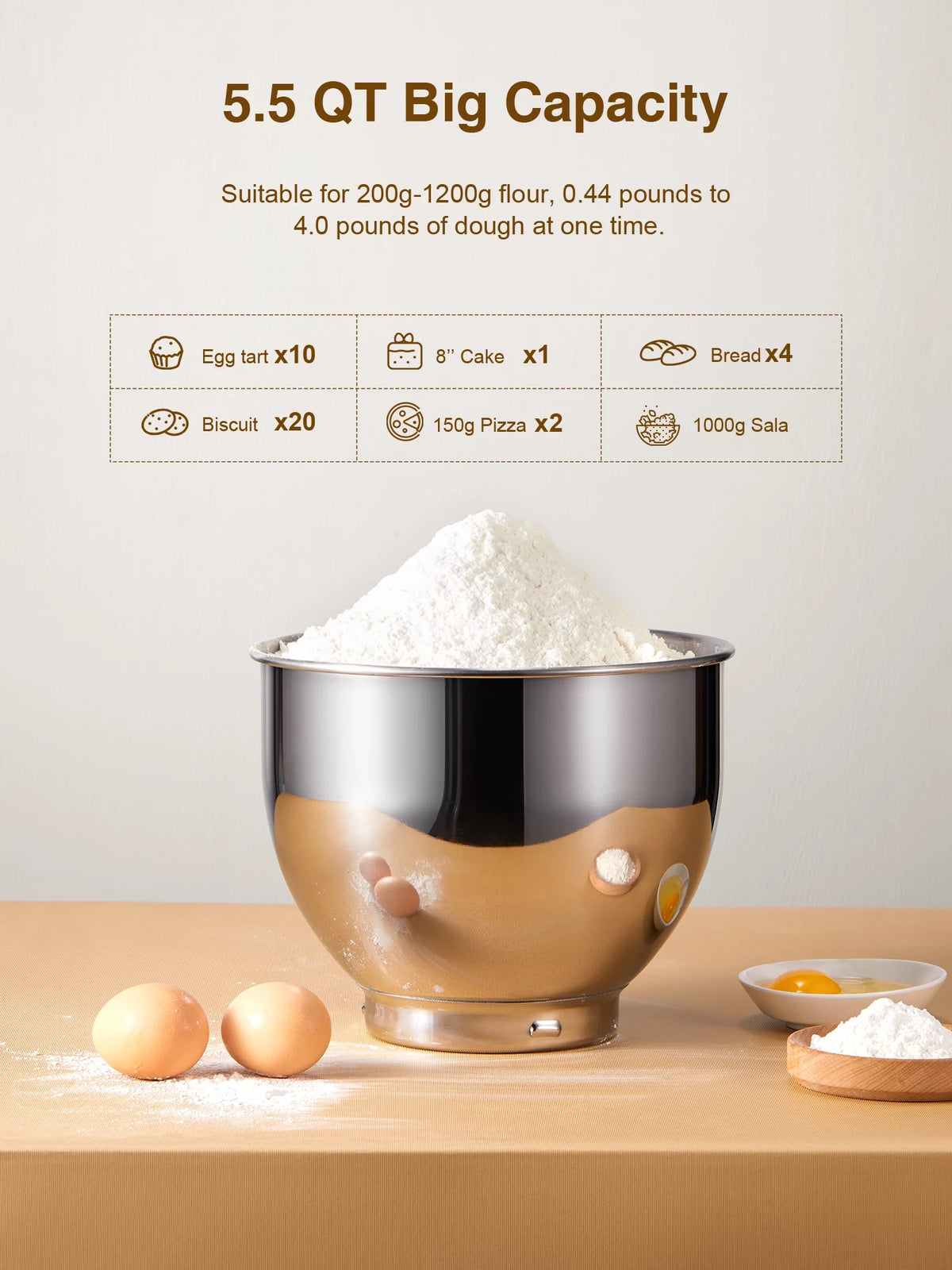 5.5QT Tilt-Head Stand Mixer with Dough Hook, Whisk & Beater, Gold Y234469