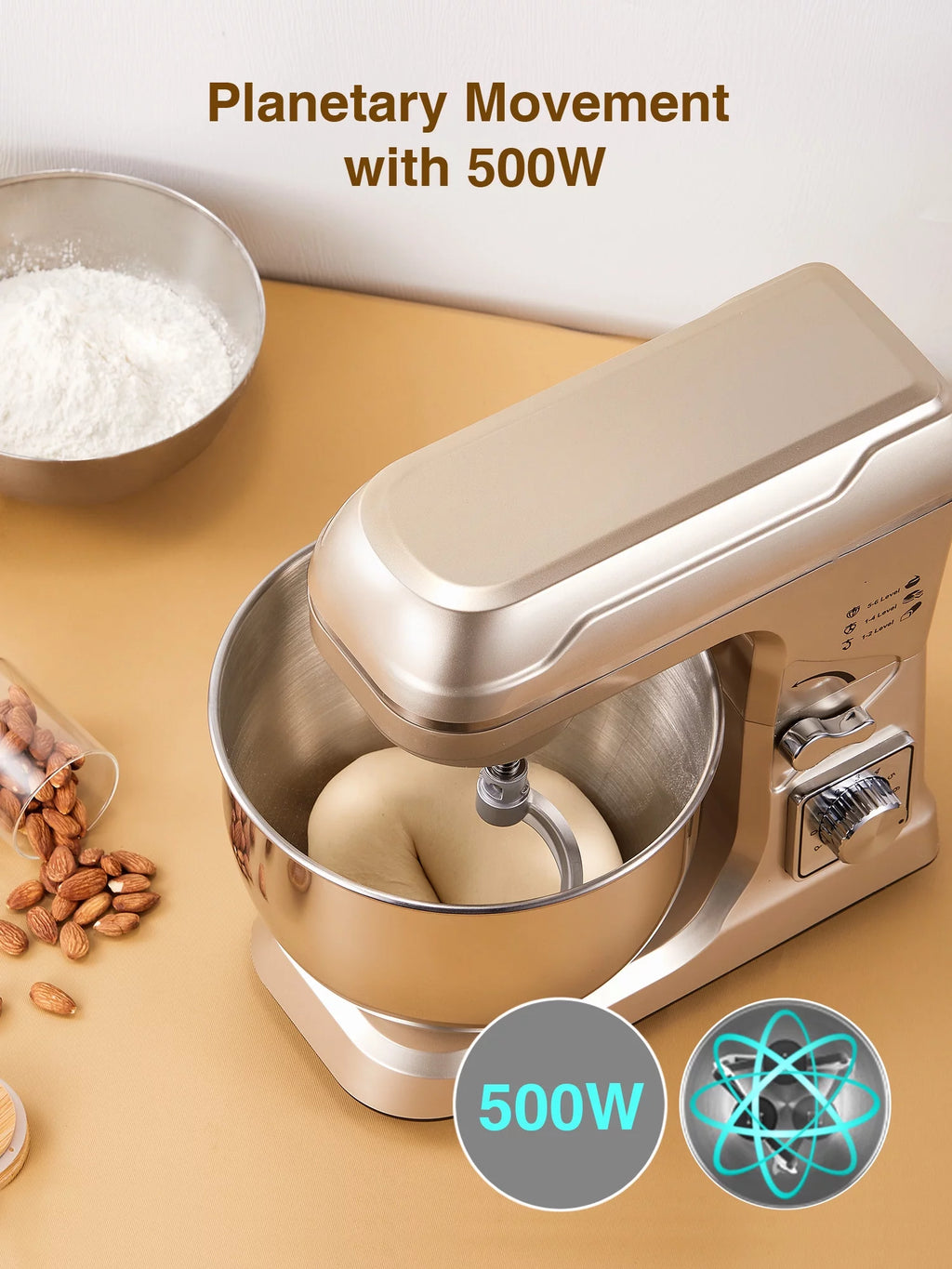 5.5QT Tilt-Head Stand Mixer with Dough Hook, Whisk & Beater, Gold Y234469