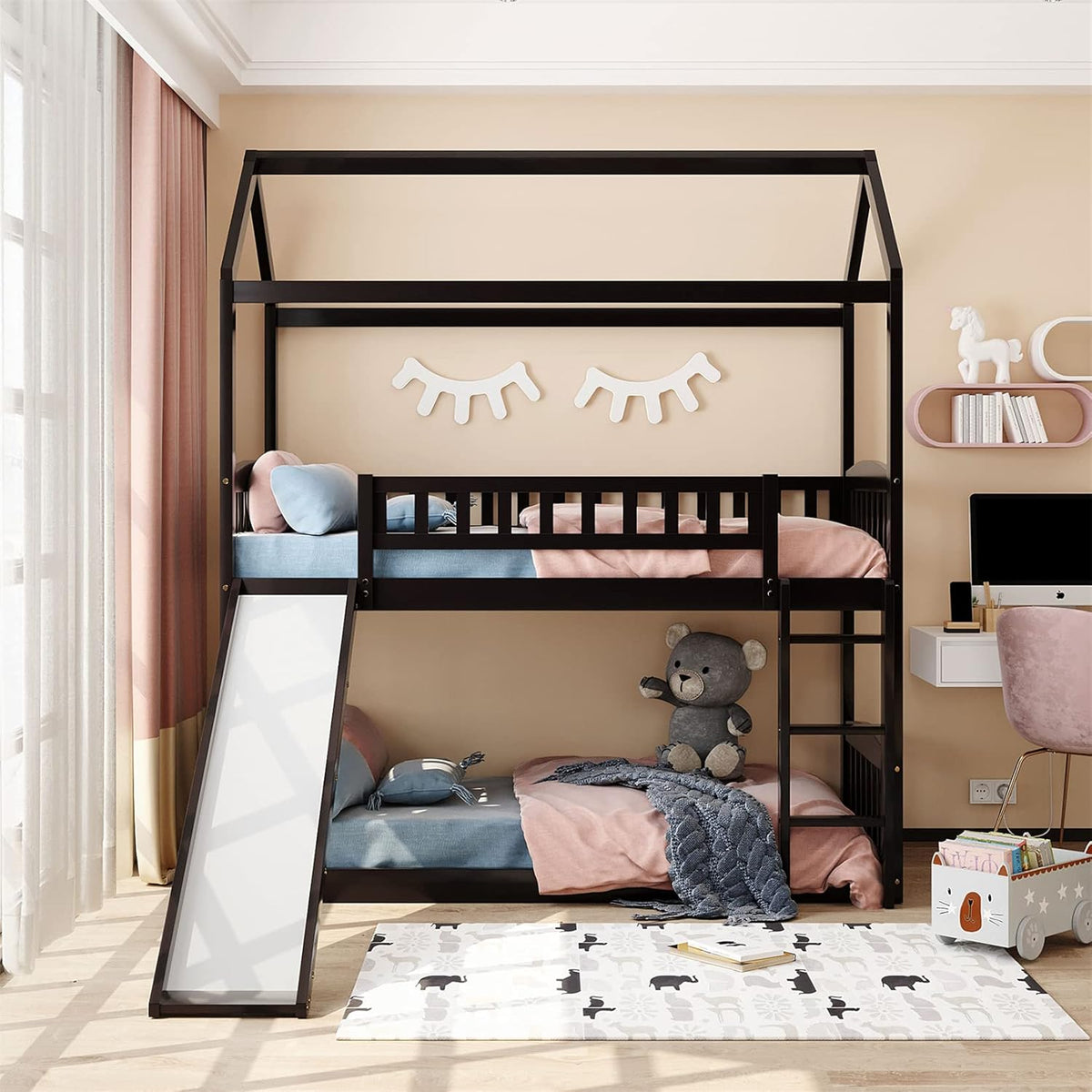 Twin Over Twin Wood Bunk Bed with Slide and Storage Staircase Q384