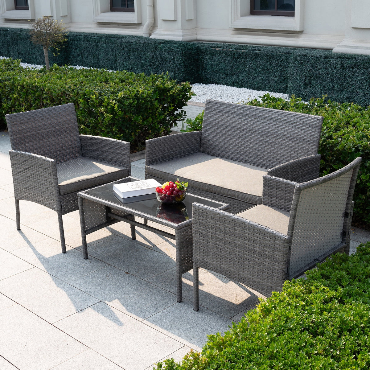 4 Piece Wicker Patio Conversation Set with Glass-Top Coffee Table & Gray Cushions V7590