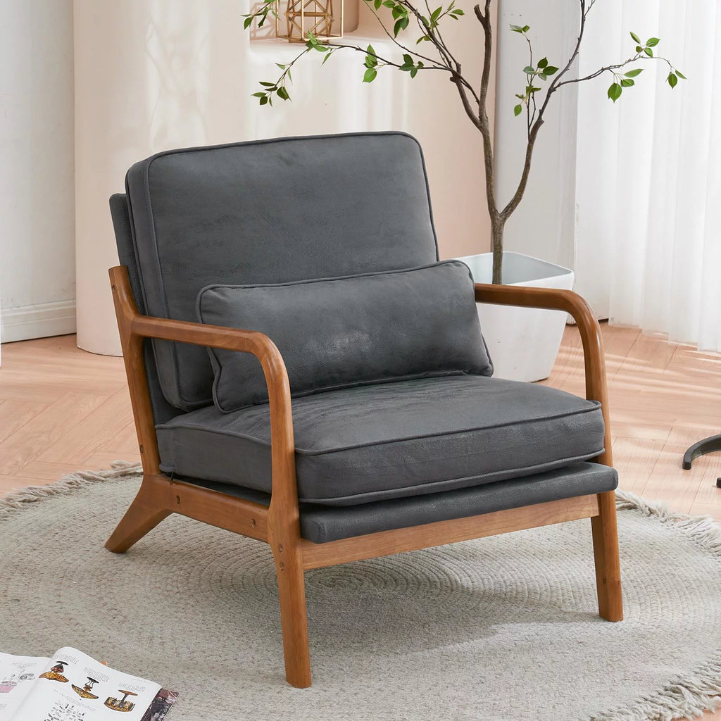 Beige Linen Fabric Upholstered Accent Chair with Solid Wood Frame X714