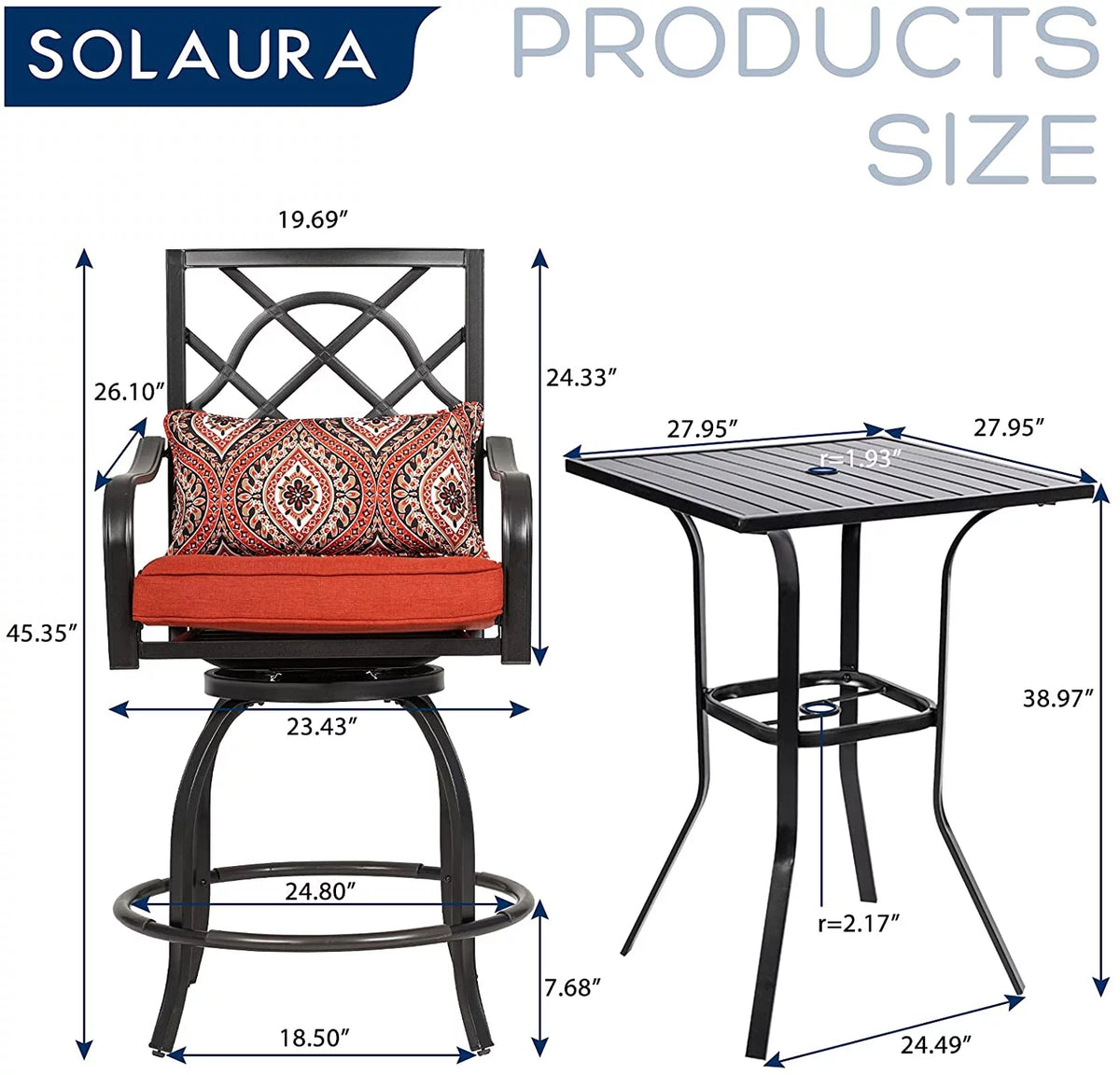 3 Pieces Outdoor Bar Height Bistro Set with Swivel Stools and Table, Black L245