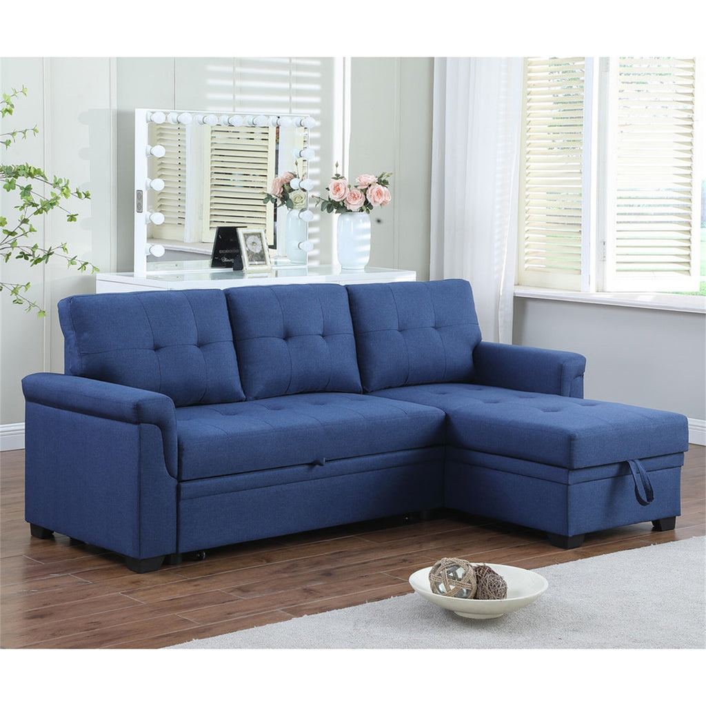 Blue Linen Reversible Sleeper Sectional Sofa with Storage Chaise B5179