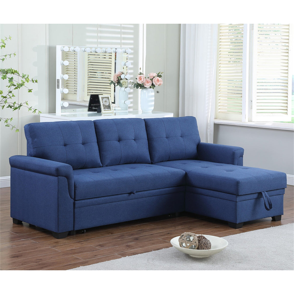 Blue Linen Reversible Sleeper Sectional Sofa with Storage Chaise B5179