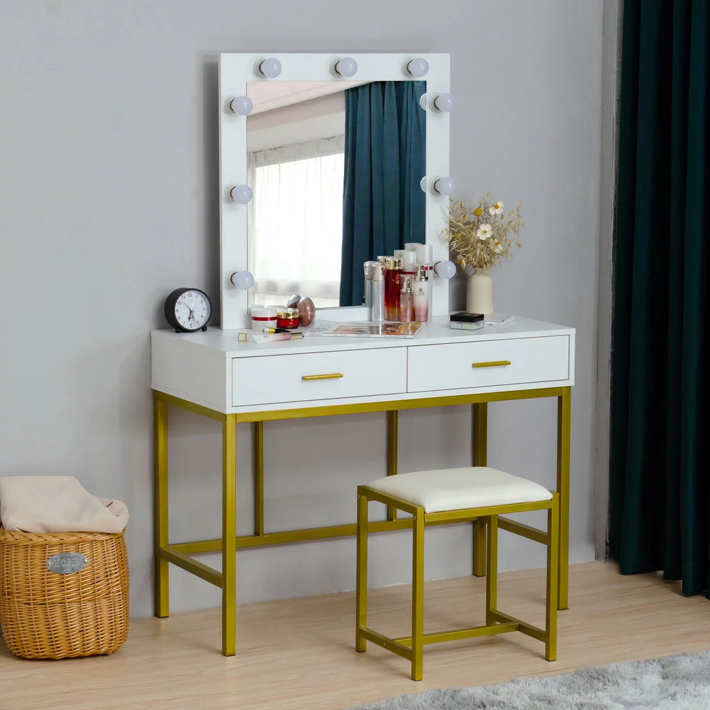 White Vanity Makeup Table Set with LED Lights Mirror & Drawer E8825
