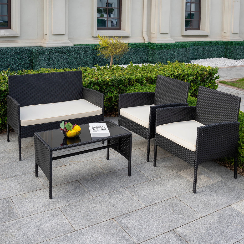 4 Piece Wicker Patio Conversation Set with Glass-Top Coffee Table & Gray Cushions V7590