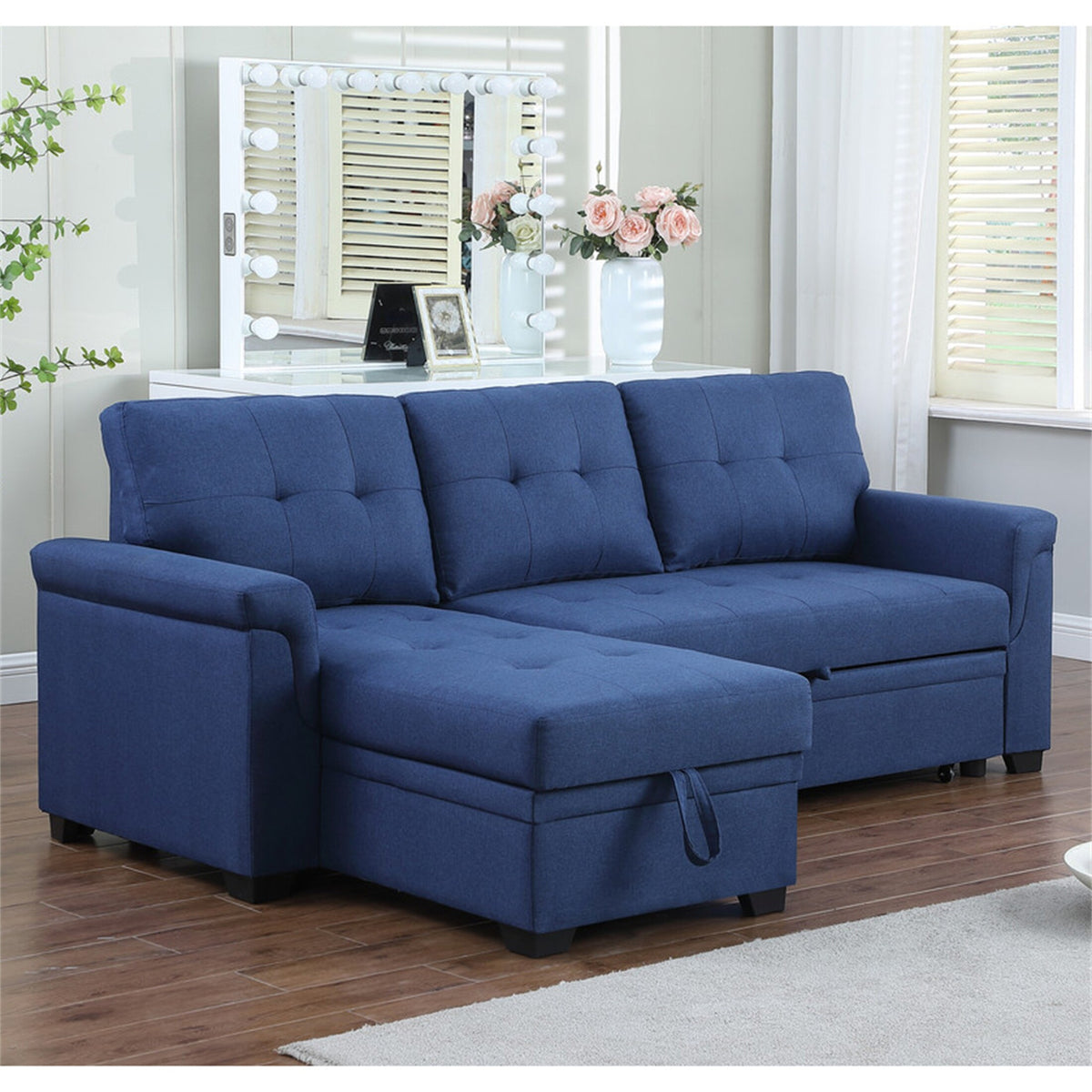 Blue Linen Reversible Sleeper Sectional Sofa with Storage Chaise B5179