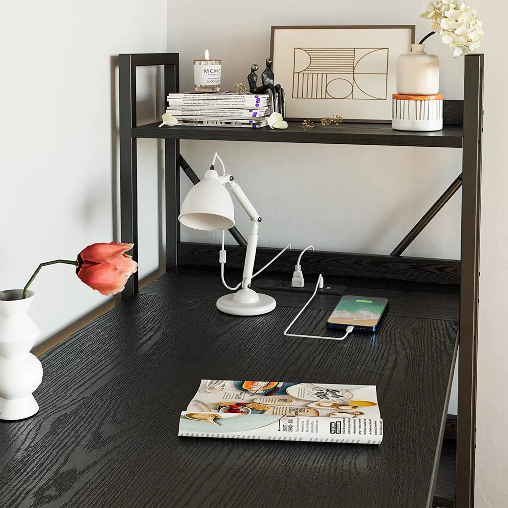 Black Computer Desk with Power Outlet and Storage Shelves A998660