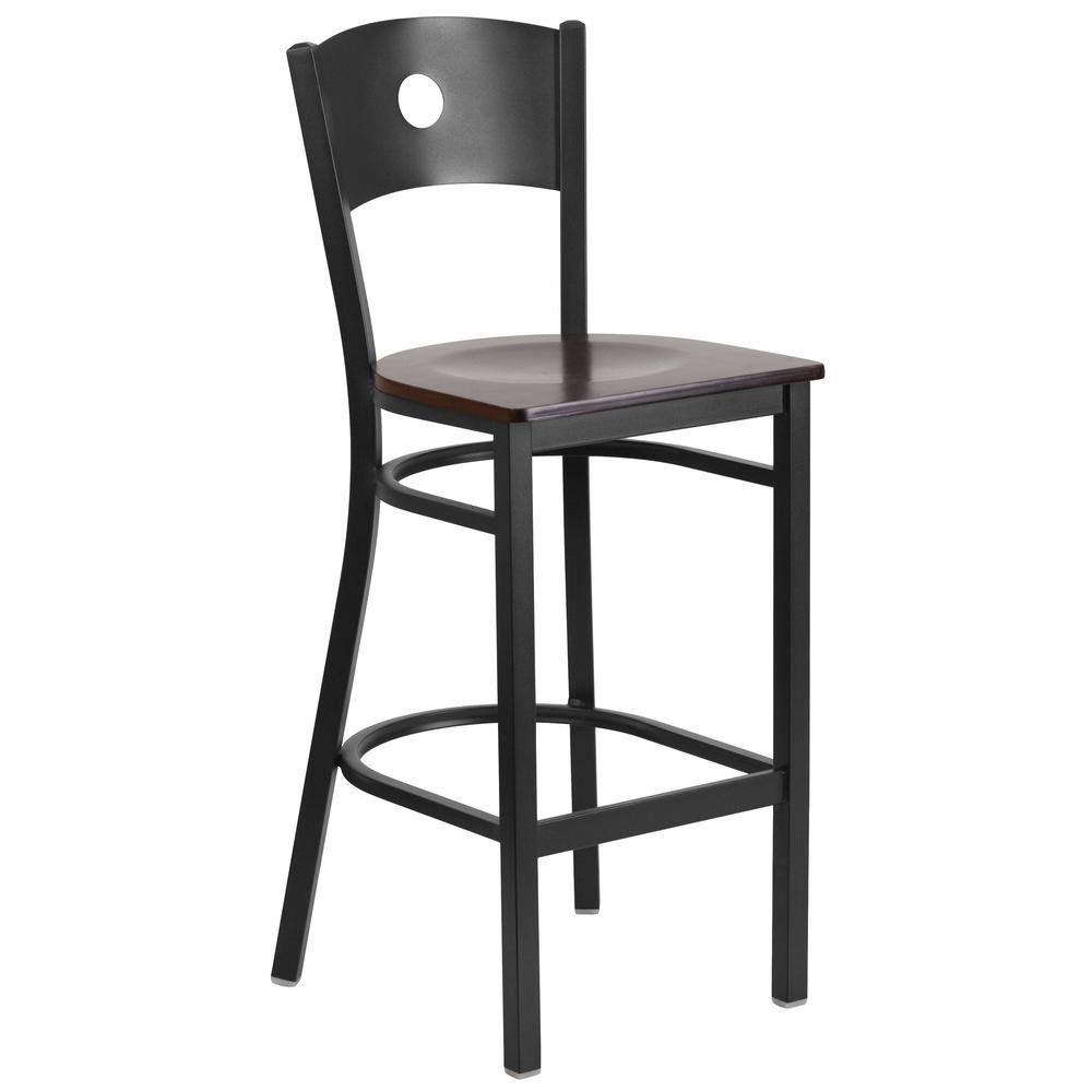Walnut Wood Seat Black Metal Frame Bar Stool T17464