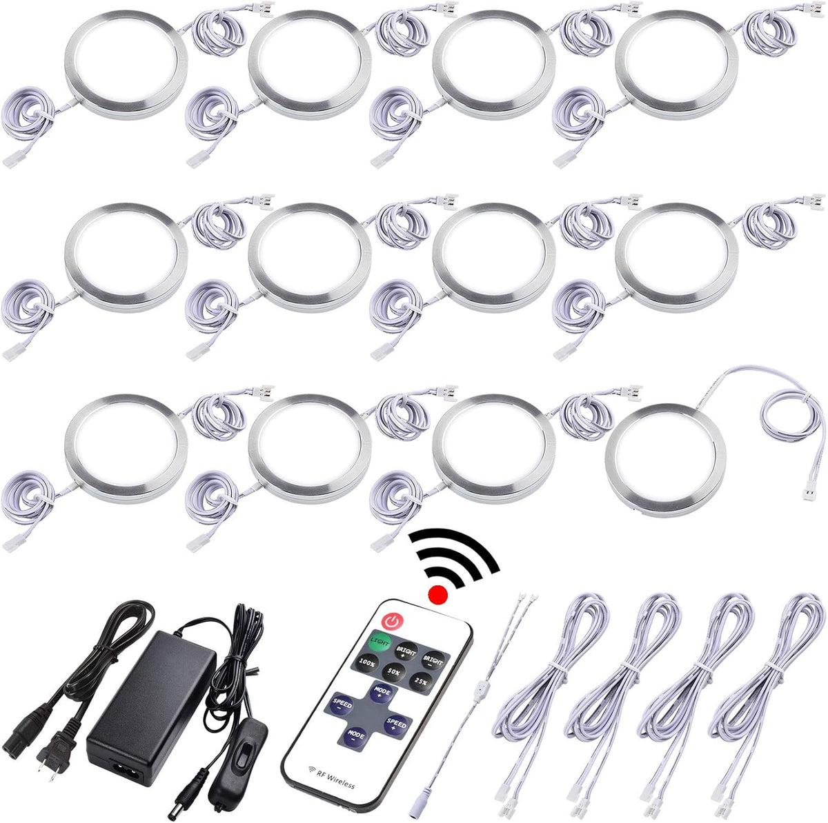 Under Cabinet LED Puck Lights, Dimmable Wireless RF Remote Control, Linkable Wired, AC120V to DC12V, Hardwired or Wall Plug, 14 Lights, Warm White M356304