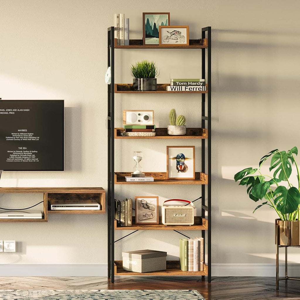 Rustic Brown 6 Tier Wood Bookshelf with 4 Hooks Metal Frame T80000