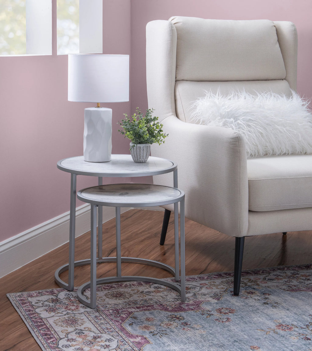 Round Nesting Tables Set of 2 Silver Metal White Marble Tops Y16648