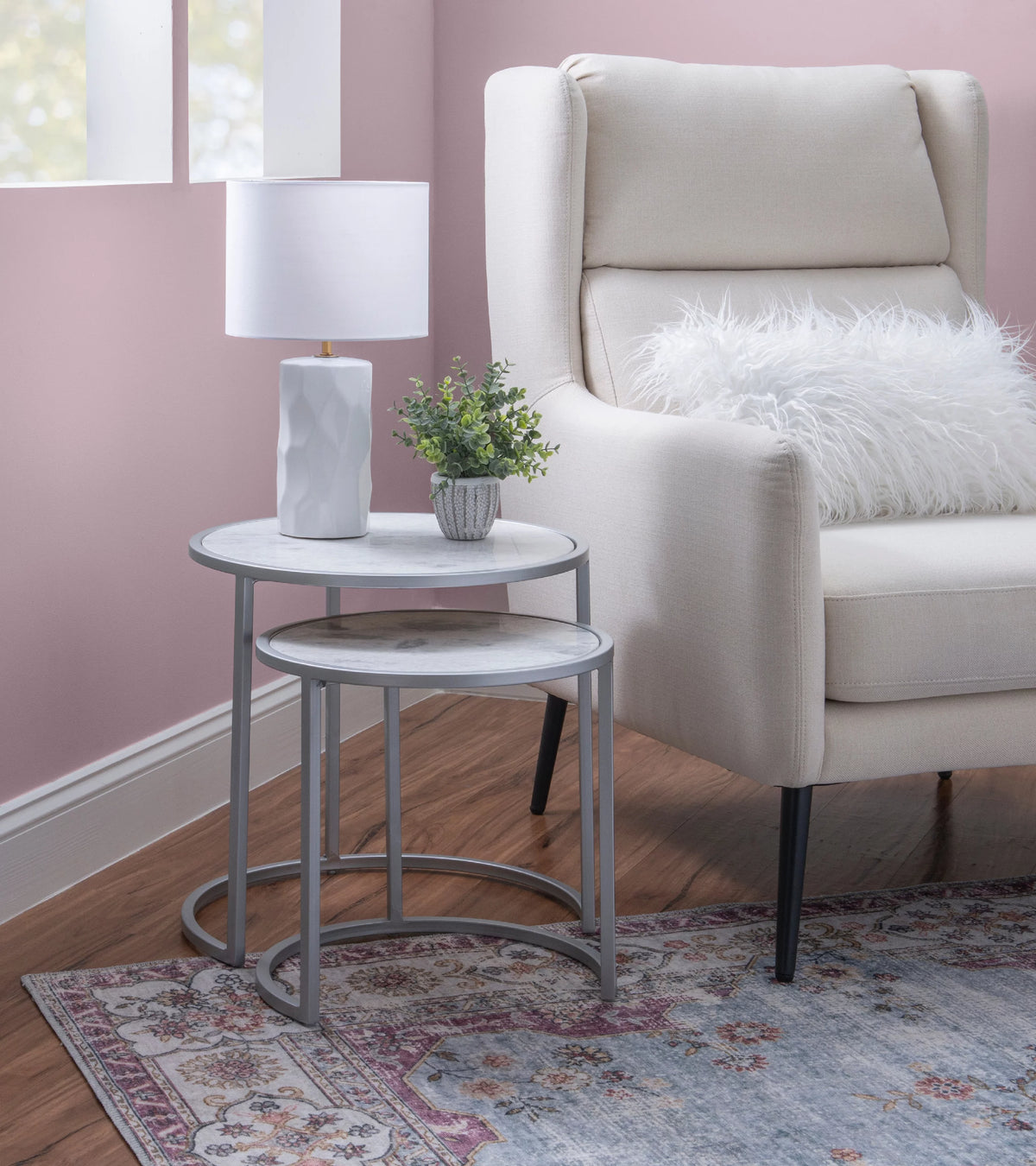 Round Nesting Tables Set of 2 Silver Metal White Marble Tops Y16648