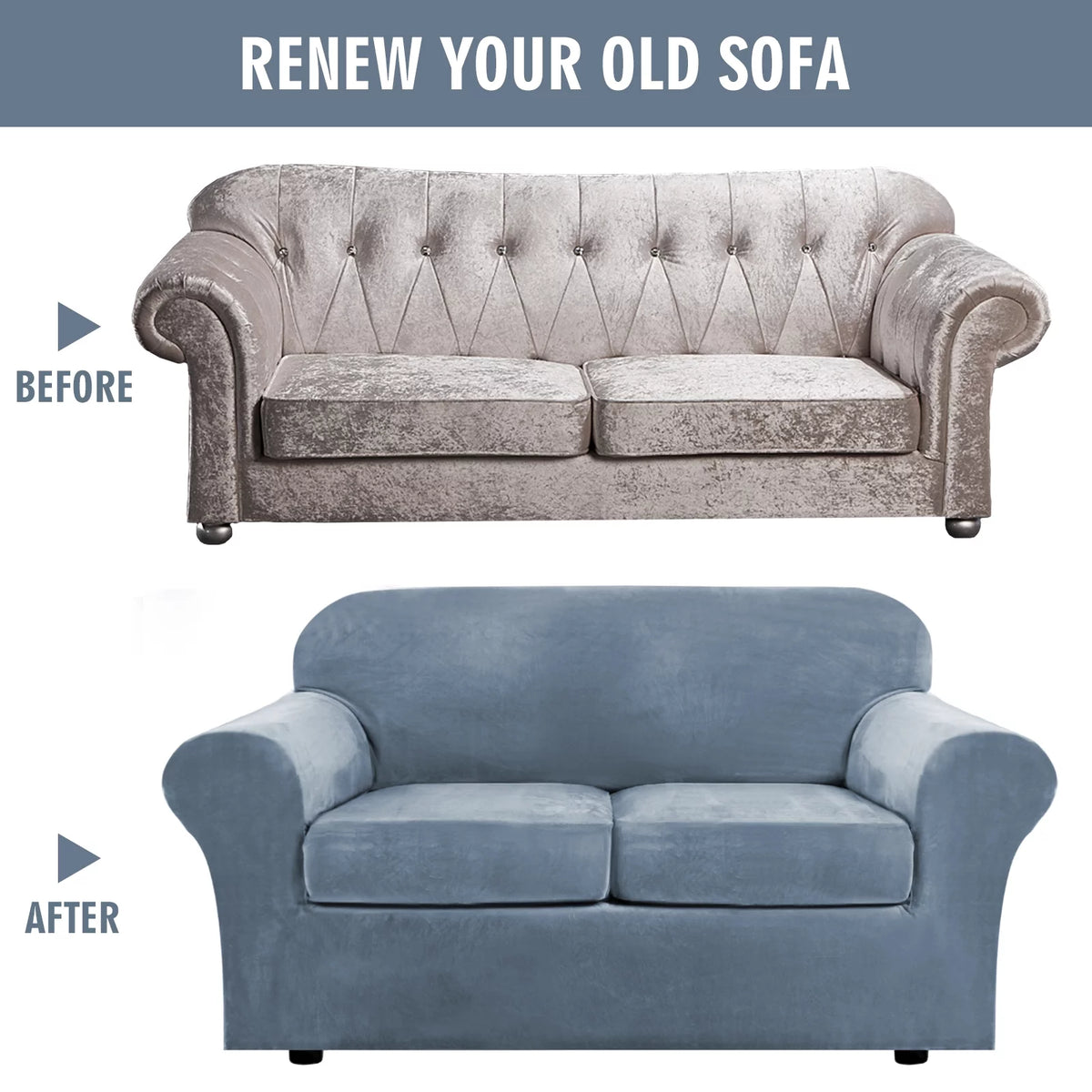 Velvet Plush Sofa Covers Gray Blue 3-Seater N33368