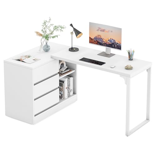 L-Shaped Computer Desk with Drawers and Shelves D398