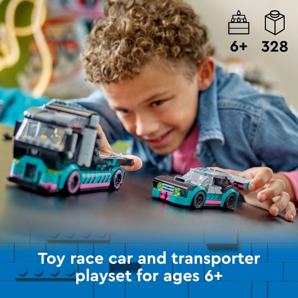 Race Car and Car Carrier Truck Toy Playset with Loading Ramp J6186