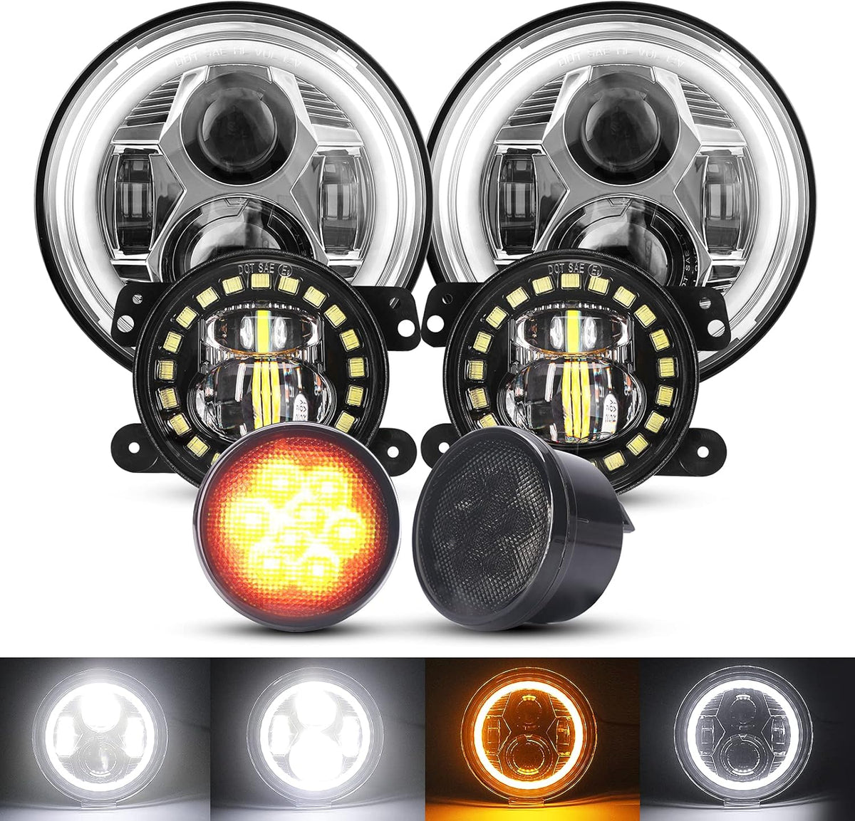 7'' LED Headlights, 4'' LED Fog Lights, Yellow LED Turn Signal Light Y6500