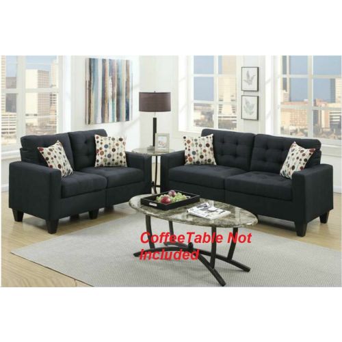 2pc Black Polyfiber Tufted Sofa Loveseat Set G458782