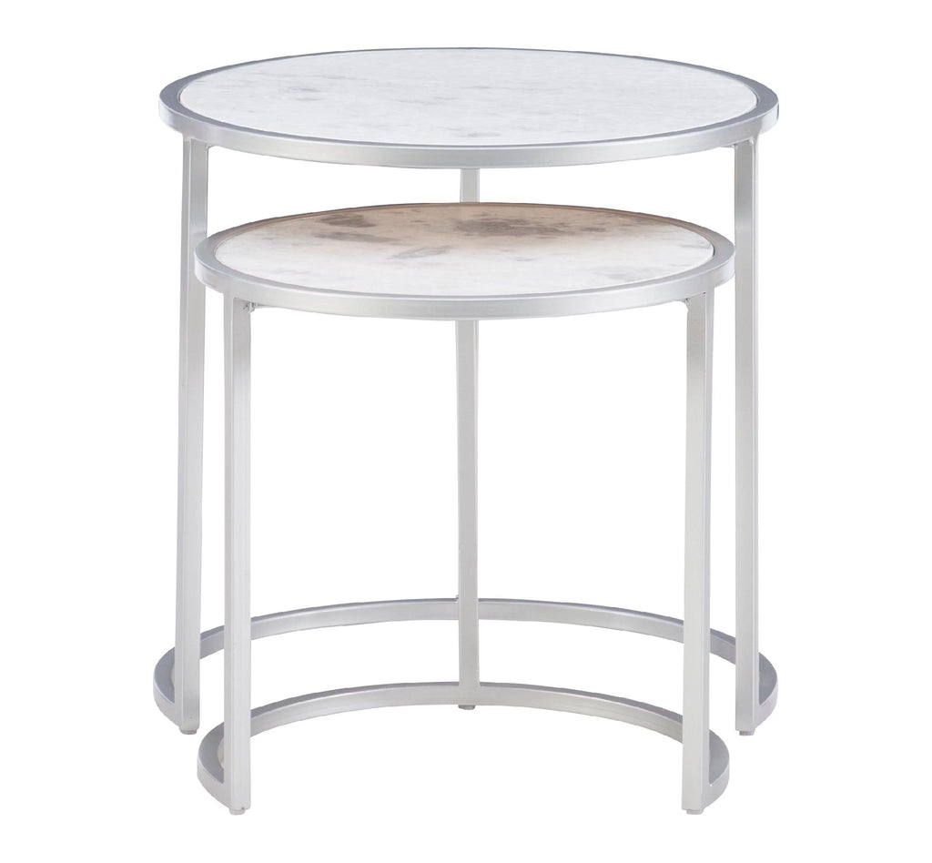 Round Nesting Tables Set of 2 Silver Metal White Marble Tops Y16648