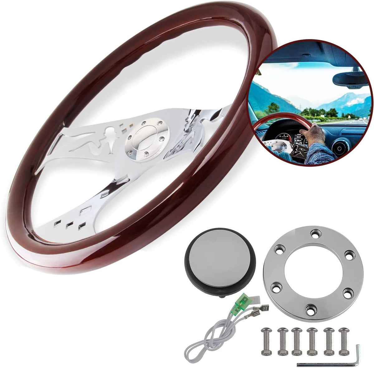 Classic Wood Grain Steering Wheel with Horn Button Kit T3431