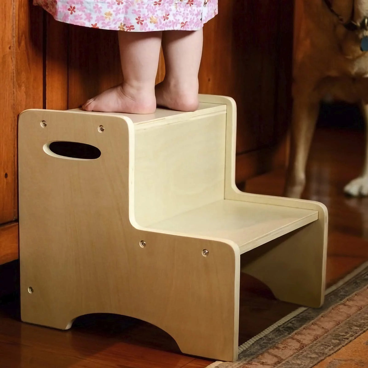 Natural Wooden Two Step Stool with Handles and Non-Slip Pads Q86180