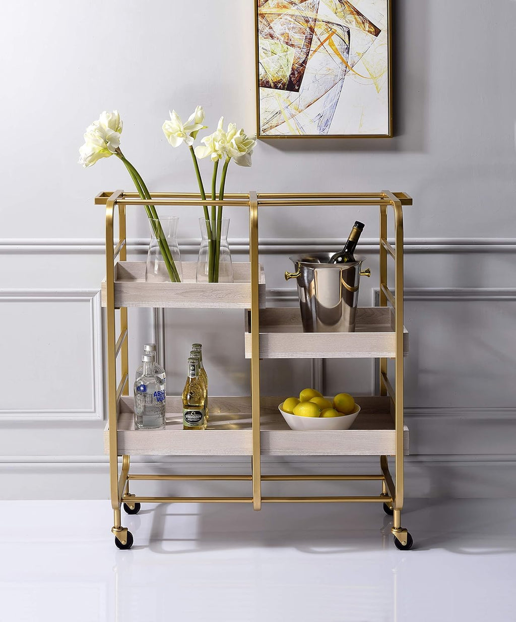Gold & White-Washed Serving Cart I415599