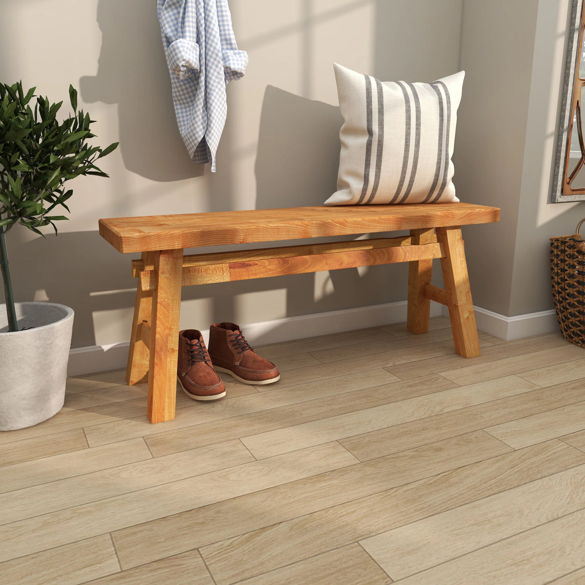 Wood Handmade Distressed Bench with High Trestle Legs M90801