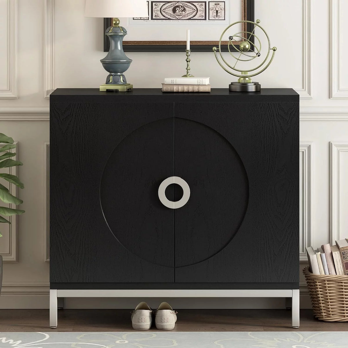 Black Storage Cabinet with Solid Wood Veneer N73383