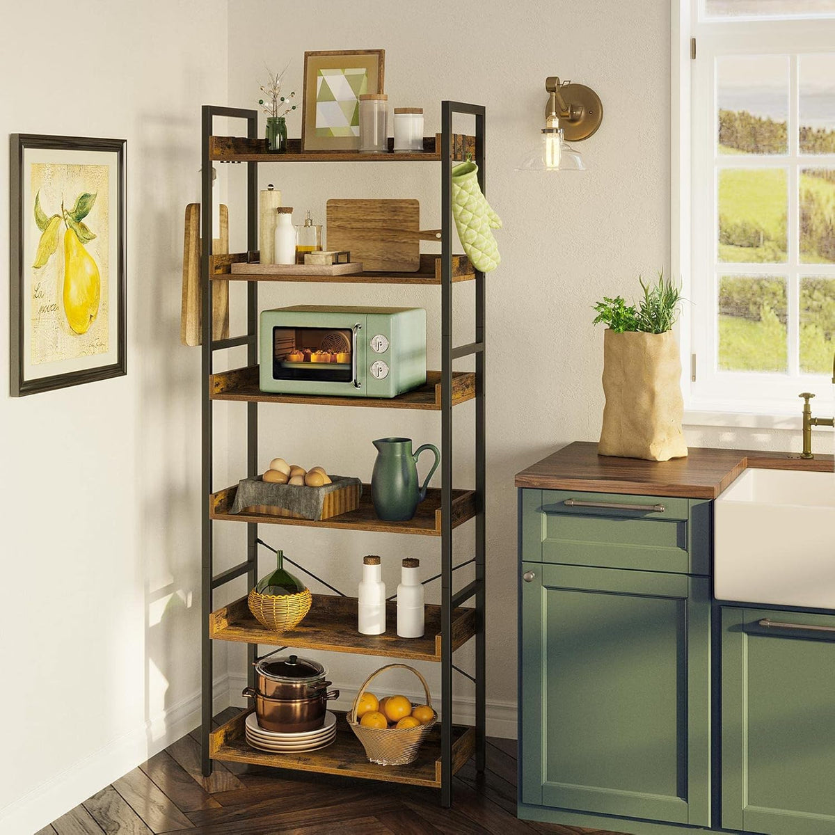 Rustic Brown 6 Tier Wood Bookshelf with 4 Hooks Metal Frame T80000