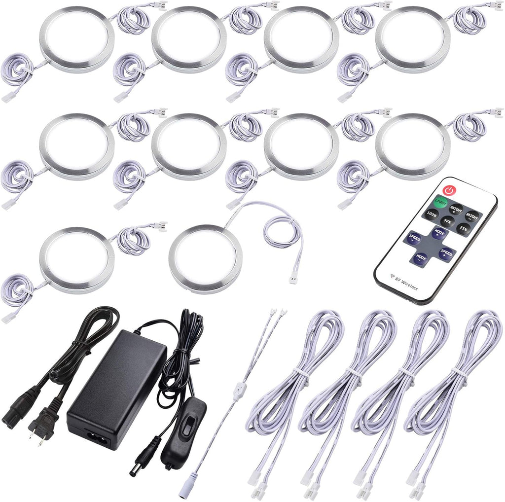 Under Cabinet LED Puck Lights, Dimmable Wireless RF Remote Control, Linkable Wired, AC120V to DC12V, Hardwired or Wall Plug, 14 Lights, Warm White M356304
