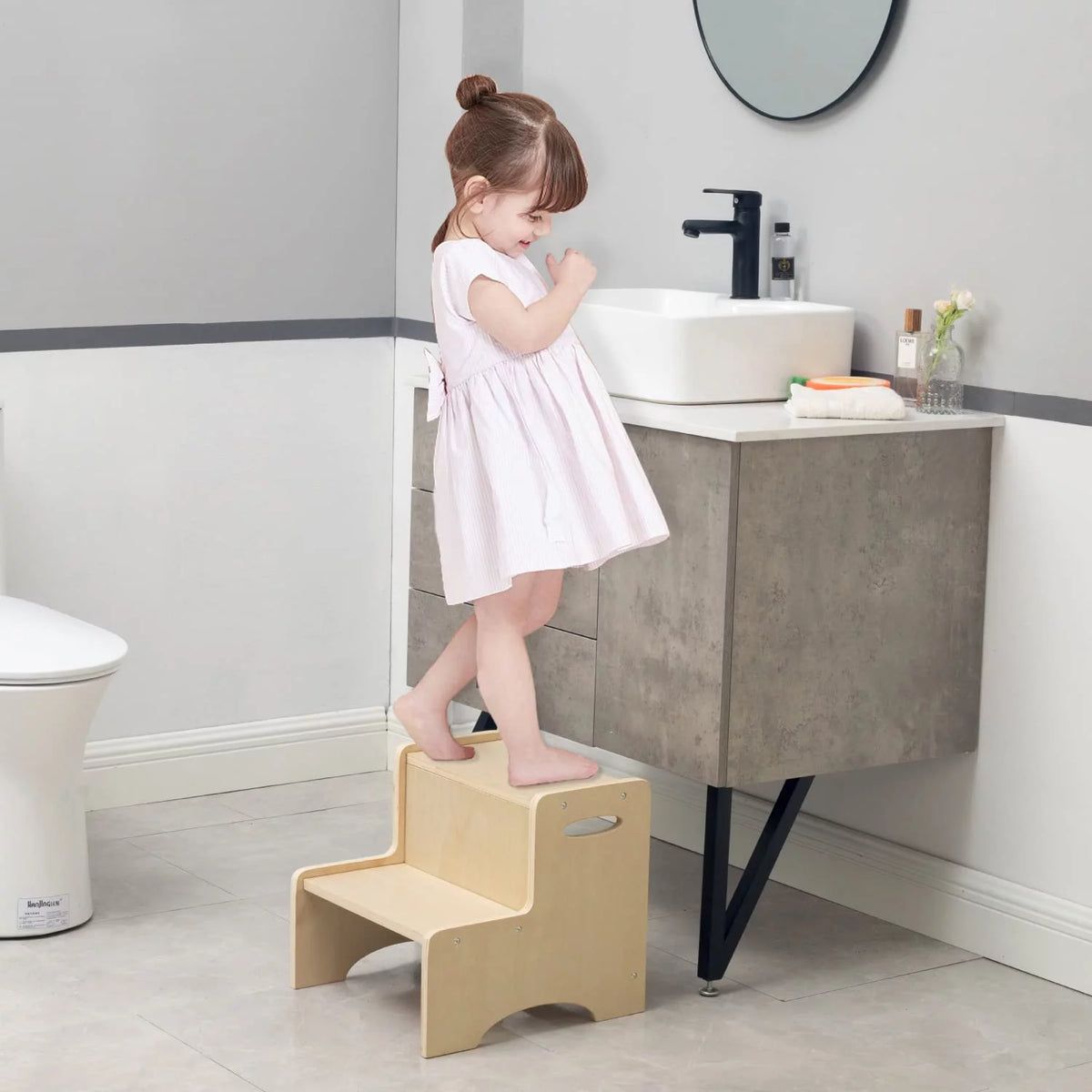 Natural Wooden Two Step Stool with Handles and Non-Slip Pads Q86180