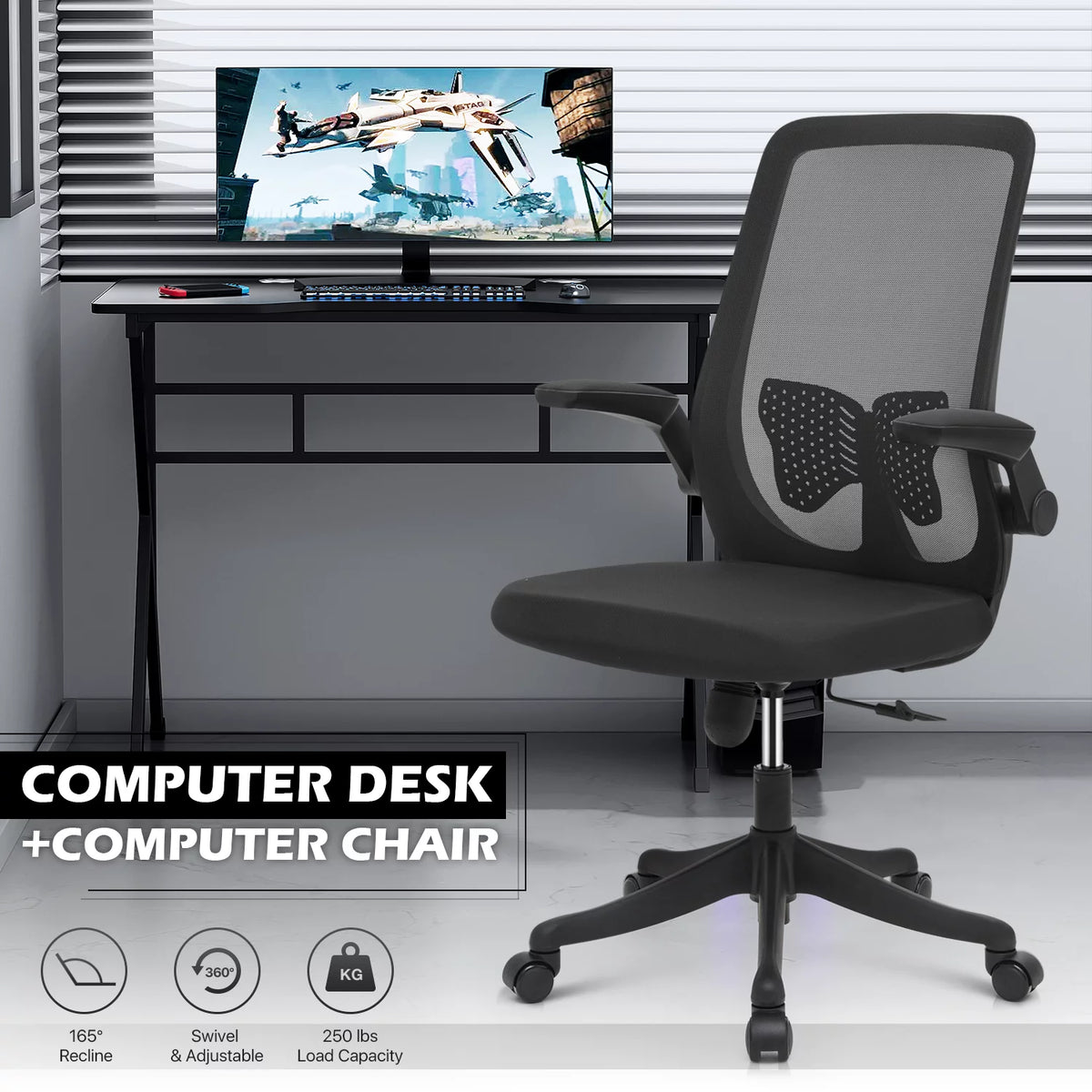 Black Portable Computer Desk and Rolling Swivel Task Seat M752419
