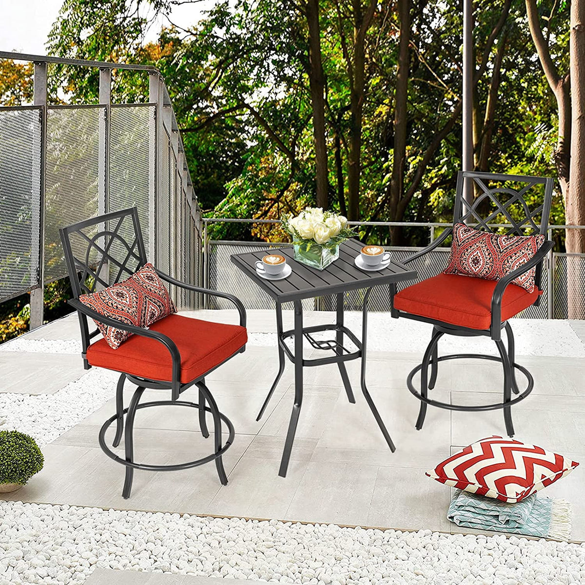 3 Pieces Outdoor Bar Height Bistro Set with Swivel Stools and Table, Black L245
