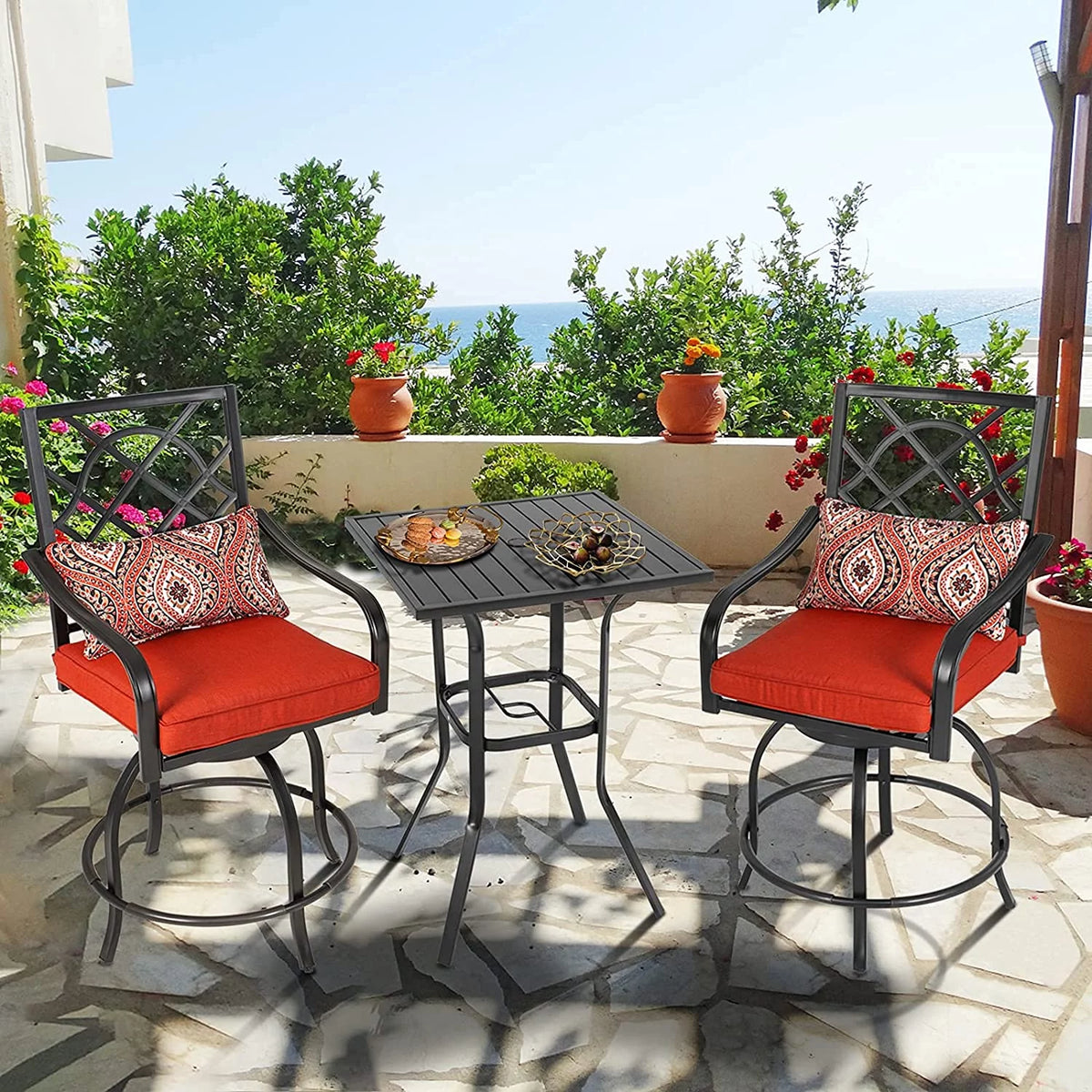 3 Pieces Outdoor Bar Height Bistro Set with Swivel Stools and Table, Black L245