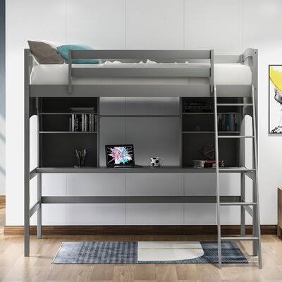 Gray Twin Loft Bed with Built-in Desk and Shelves K767