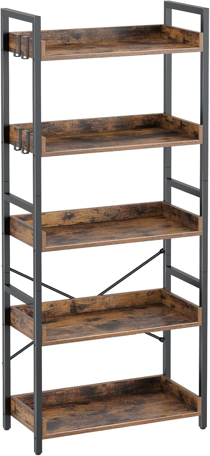 Rustic Brown 6 Tier Wood Bookshelf with 4 Hooks Metal Frame T80000