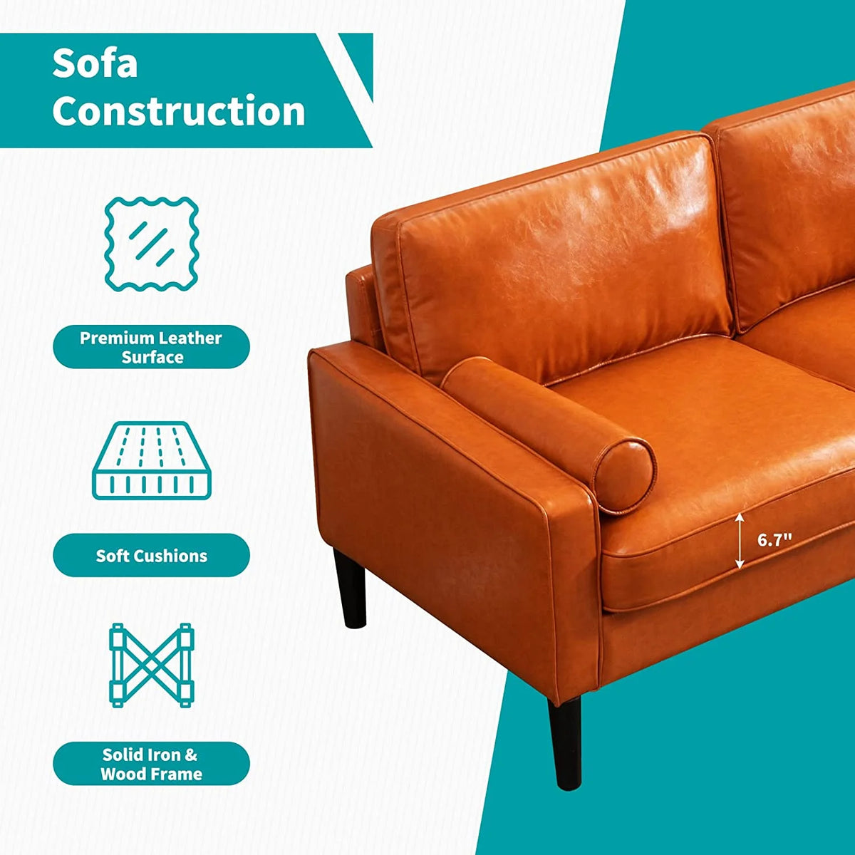 Convertible Sectional Sofa with Reversible Chaise, 3 Seat Faux Leather L-Shape Sofa with 2 Cylindrical Pillows K25461