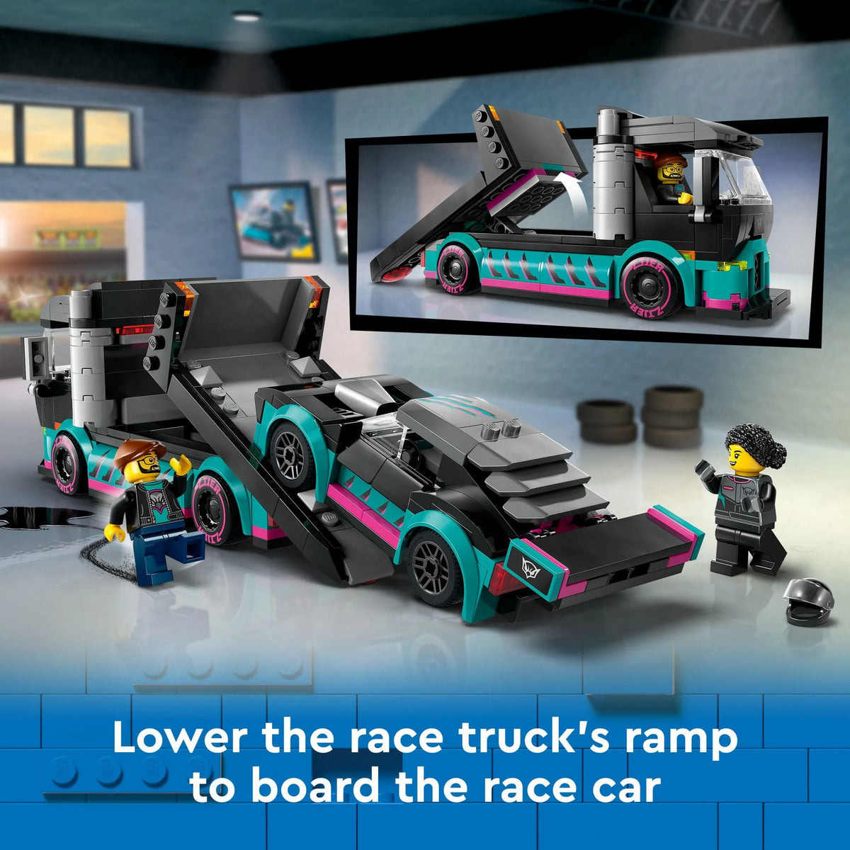 Race Car and Car Carrier Truck Toy Playset with Loading Ramp J6186