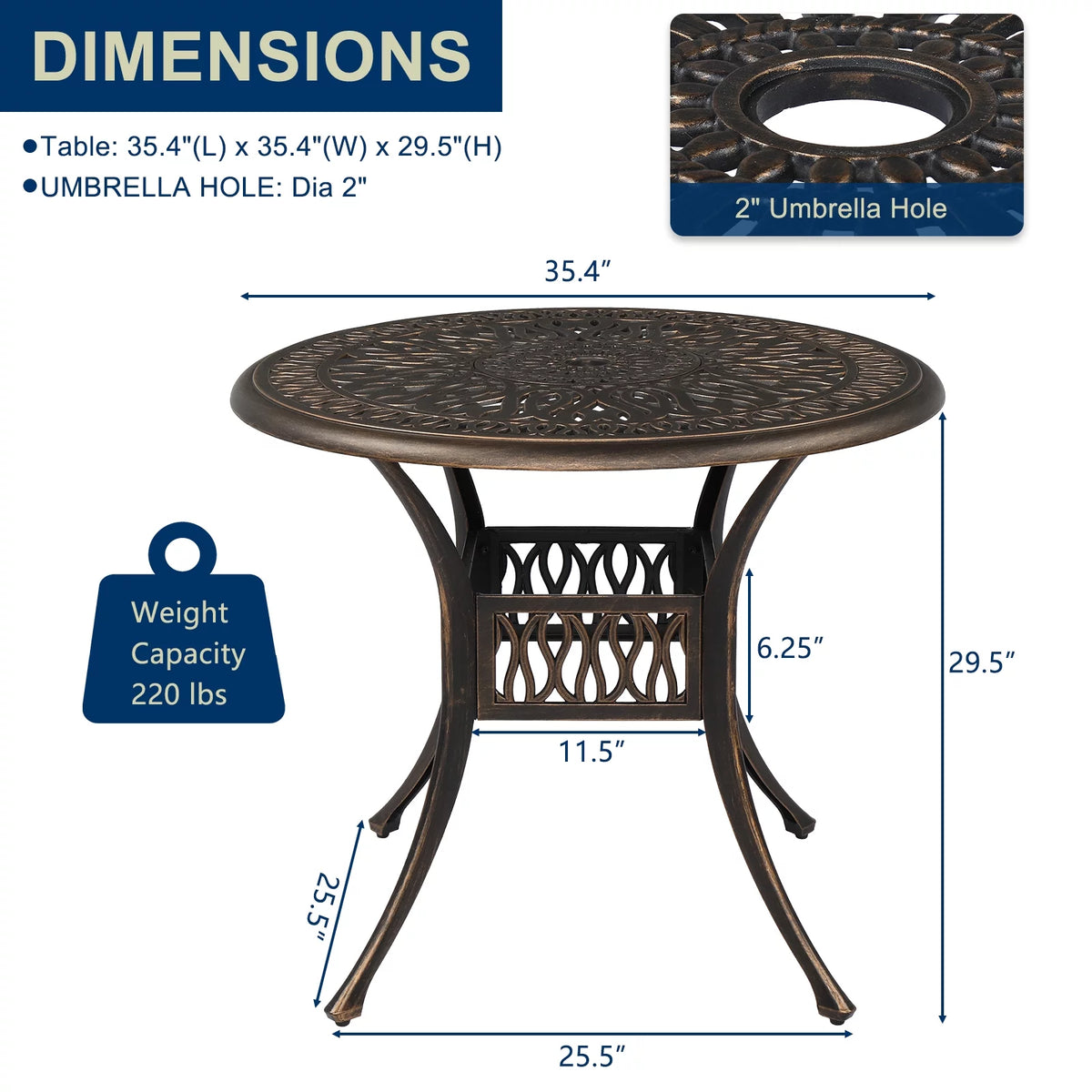 35" Round Cast Aluminum Outdoor Dining Table with Umbrella Hole G321621