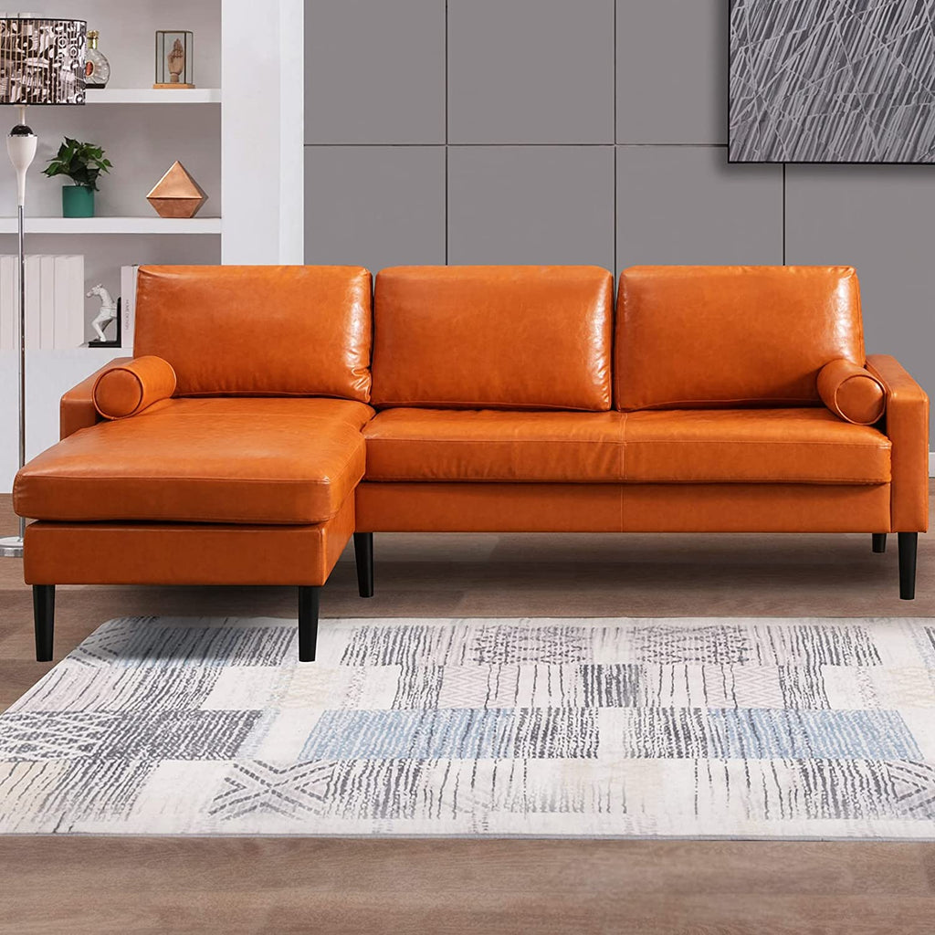 Convertible Sectional Sofa with Reversible Chaise, 3 Seat Faux Leather L-Shape Sofa with 2 Cylindrical Pillows K25461