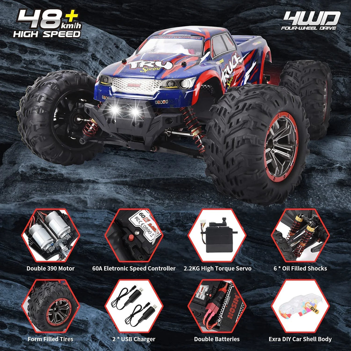 1:10 4WD RC Monster Truck, 48+ KMH, 2 Batteries G5757