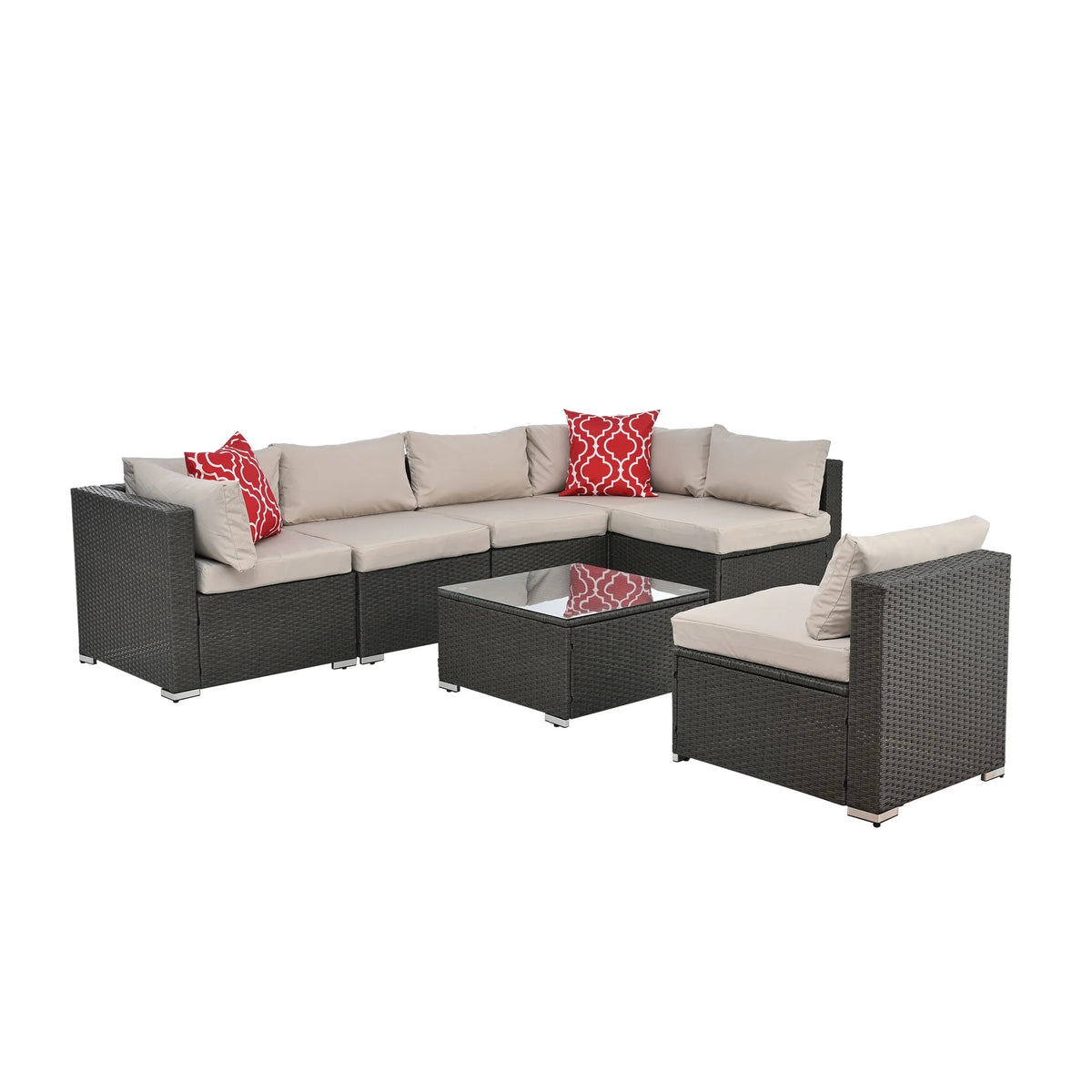 7 Piece PE Rattan Patio Furniture Set with Cushions and Glass Coffee Table Q19409