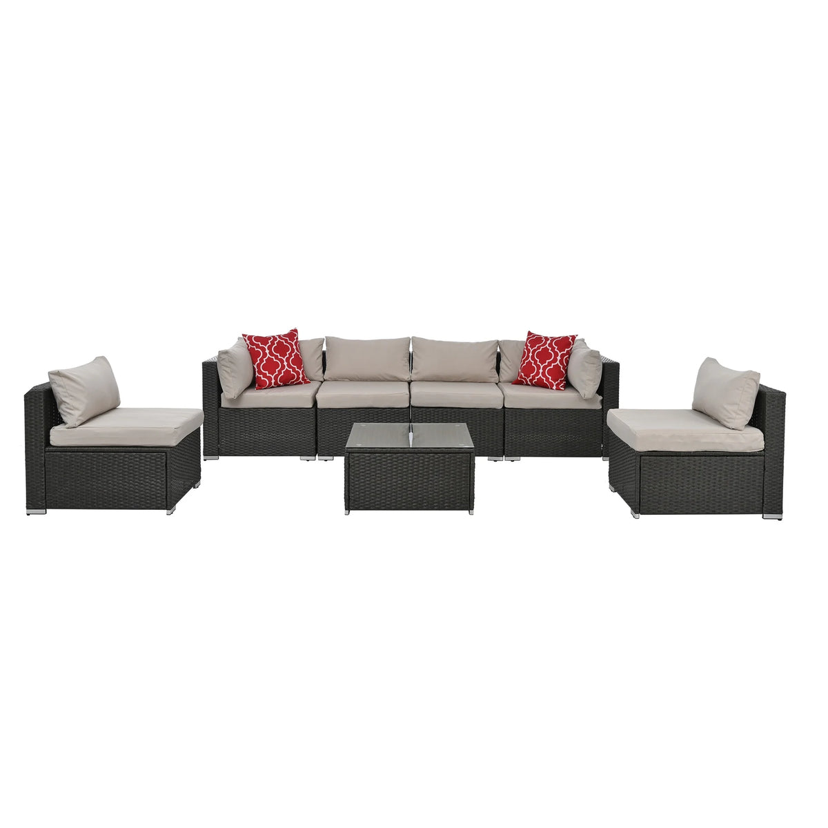 7 Piece PE Rattan Patio Furniture Set with Cushions and Glass Coffee Table Q19409