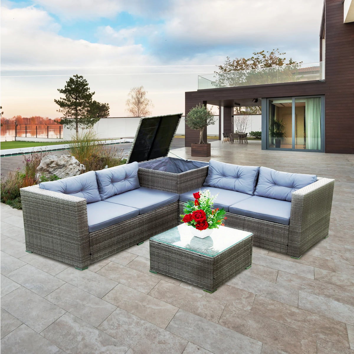 4 Pcs Patio Rattan Wicker Sectional Sofa Set with Glass Coffee Table and Storage Box Z7198
