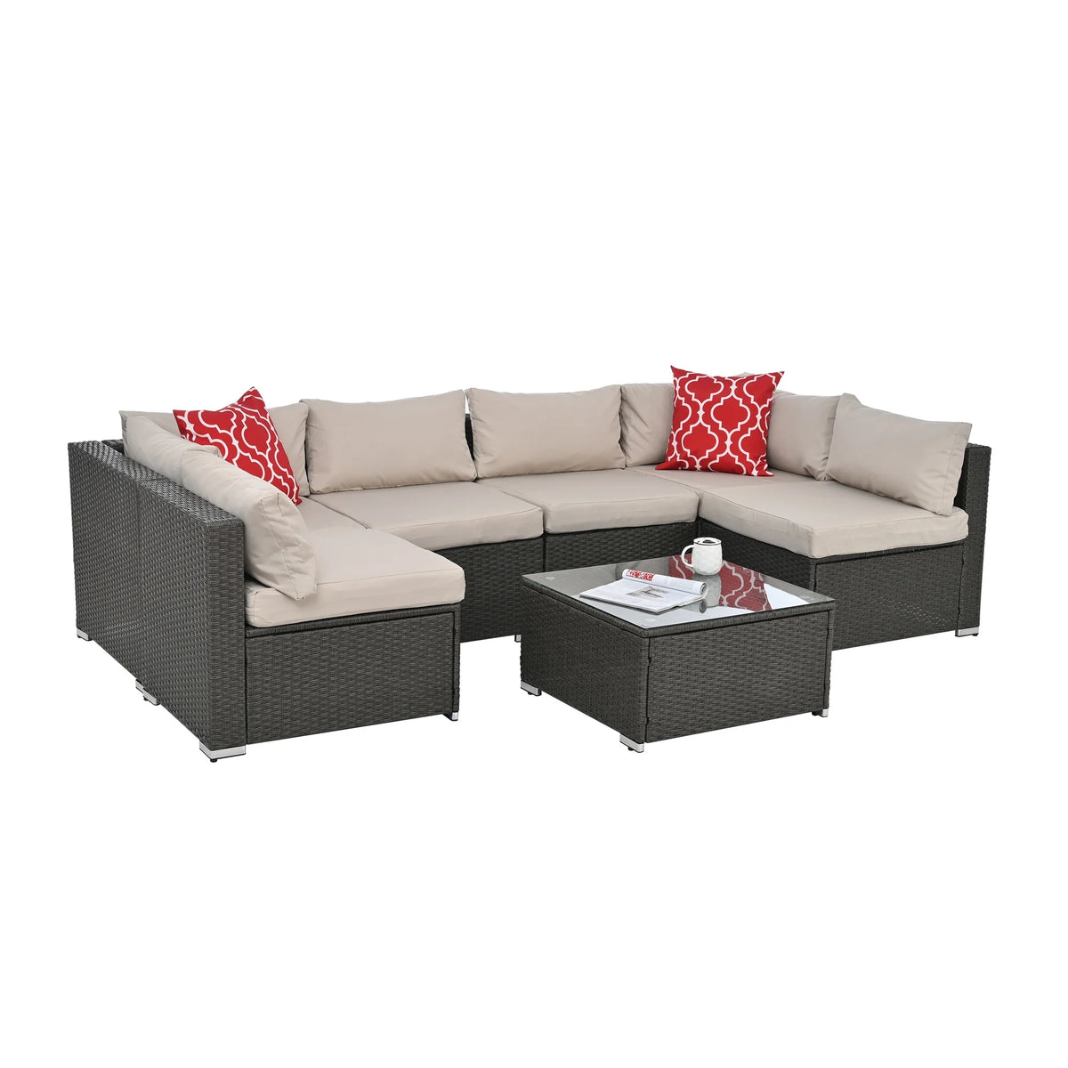 7 Piece PE Rattan Patio Furniture Set with Cushions and Glass Coffee Table Q19409