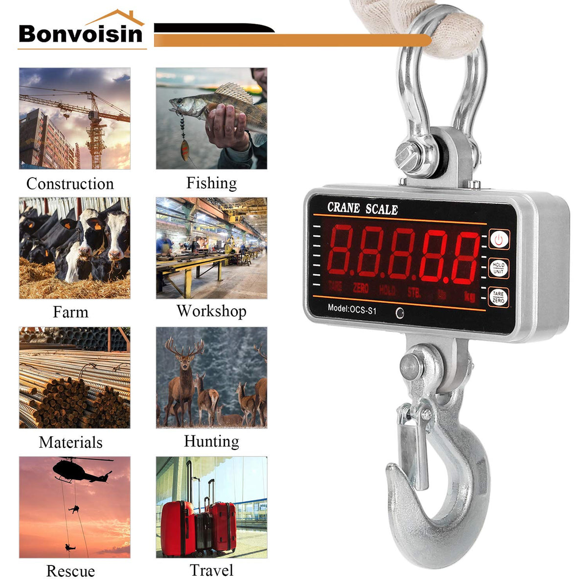 Digital Crane Scale 1000kg/2000lb Heavy Duty Hanging Scale with Remote Control LED Display U45204